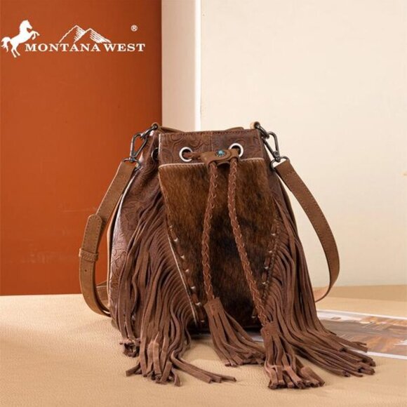 Montana West Handbags - Montana West Hair-On Cowhide Drawstring Crossbody Brown Bucket Bag